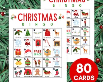 May include: A Christmas Bingo game set featuring 80 cards with a 5x5 grid of holiday icons including Santa, reindeer, snowflakes, and presents. The title CHRISTMAS BINGO is printed in red with green letters below. The website magicalprintable.com is at the bottom.