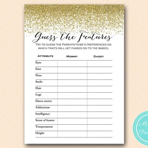 Guess the features, how well do you know mommy, Gold Glitter Baby Shower Games Printable, Baby Shower Activities, Download TLC87