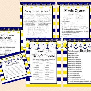 Navy Blue, Yellow, Nautical Bridal Shower, Beach, Bridal Shower Games, Wedding Shower Games, Anchor, Beach Bridal Shower, Modern BS37 image 1