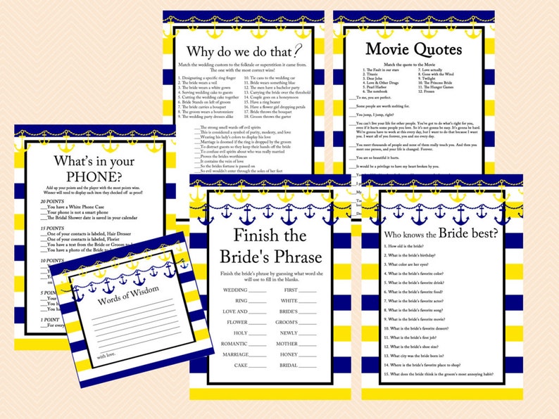 Navy Blue, Yellow, Nautical Bridal Shower, Beach, Bridal Shower Games, Wedding Shower Games, Anchor, Beach Bridal Shower, Modern BS37 image 1