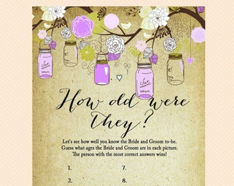 How old were they, guess the age, photo game, Purple Mason Jars Bridal Shower Printables, Bachelorette, Wedding Shower Games BS49