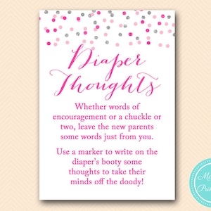 Diaper Thoughts, Late night diapers, Write a message on diaper, Girl Baby Shower Activity, Pink Baby Shower Activity Printable TLC179 MB