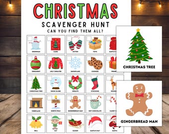 May include: A Christmas scavenger hunt printable game sheet featuring a grid of twenty-five holiday-themed icons with checkboxes, including a snowman, mitten, and stocking. Two separate cards show a Christmas tree and a gingerbread man.