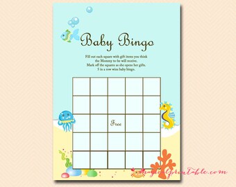 Carte de bingo pour bébé, article cadeau vierge bingo, Plage, Mer, Sous la mer Jeux de baby shower imprimables, Jeux de baby shower de plage TLC19