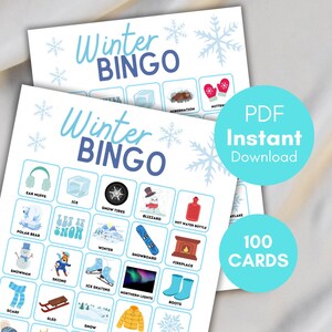 Winter Bingo, 100 Printable Winter Bingo Cards, Download, Winter Activity For Kids, Kids Winter Party, Winter Classroom Activity, bs701