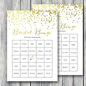 Bingo nupcial, bingo de despedida de soltera imprimible, tarjetas de bingo, despedida de soltera de confeti dorado, despedida de soltera de lámina dorada, despedida de soltera BS87
