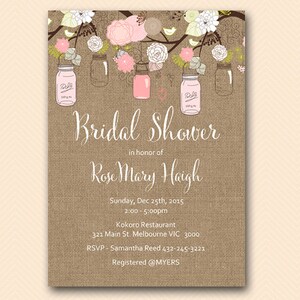 Pink Mason Bridal Shower Invitation, Burlap Baby Shower Invitation, Bridal Shower Invitation, Baby Shower Invitation BS459 TLC459 ds