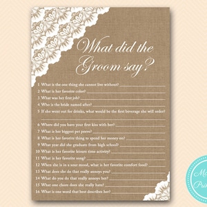 Burlap What did the Groom Say, What did he say about her, Newlywed, Burlap Bridal Shower Game Printable, Lace Bridal Shower, Rustic  BS34
