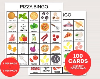 Pizza Bingo Cards, 100 Printable Pizza bingo, Pizza Party Activity, Pizza Party Game, Pizza Birthday Game, Pizza themed bingo cards, bs701