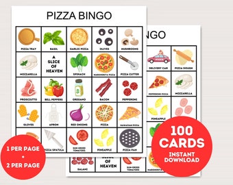 Pizza Bingo Cards, 100 Printable Pizza bingo, Pizza Party Activity, Pizza Party Game, Pizza Birthday Game, Pizza themed bingo cards, bs701