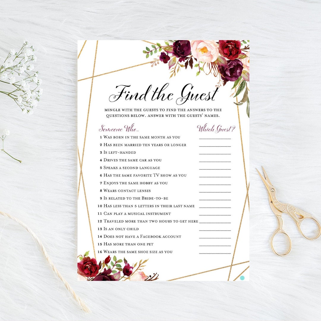 Find the Guest Bridal Shower Game Ice Breaker Game Burgundy Etsy