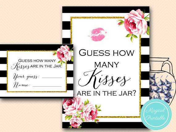 How many Kisses Sign, Guess how many Kisses there are in a jar, Black White Bridal Shower Game, Unique, fun, Wedding Shower BS10 TLC04 BS10B Il_570xn