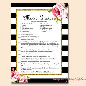 Movie Quotes Game, Movie love quotes game, famous quotes, Black White Floral Bridal Shower Games, Unique Bridal Shower Games, BS10P BS10