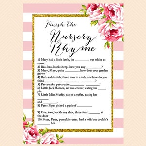 nursery rhyme quiz, nursery rhyme game, finish the nursery rhyme game, Pink paris chic baby shower games Printables, Instant download TLC50