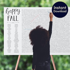 May include: A person is drawing on a white board with the words "happy FALL" and a word search puzzle with fall-themed words like "pumpkin" and "harvest". The words "Instant Download" are in a blue circle.