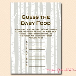 Guess the baby food, baby food game, Birch, Woodland Baby Shower Games Printable, Gender Neutral Color, Baby Shower Activities TLC99