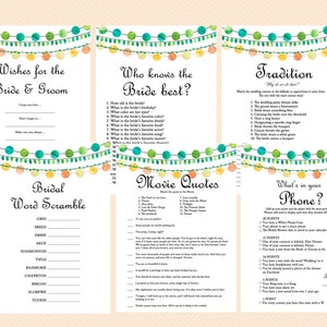 Peut inclure: Un ensemble de jeux de fête de mariage imprimables avec un design aquarelle représentant une guirlande lumineuse. Les jeux comprennent "Vœux pour la mariée et le marié", "Qui connaît le mieux la mariée ?", "Mélange de mots de mariage", "Citations de films", "Tradition" et "Qu'y a-t-il dans votre téléphone ?"