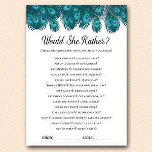Peacock Bridal Shower Games Package Deal, Download, porn or polish, would they rather, love quote match, movie quote, over or under, BS555 image 3