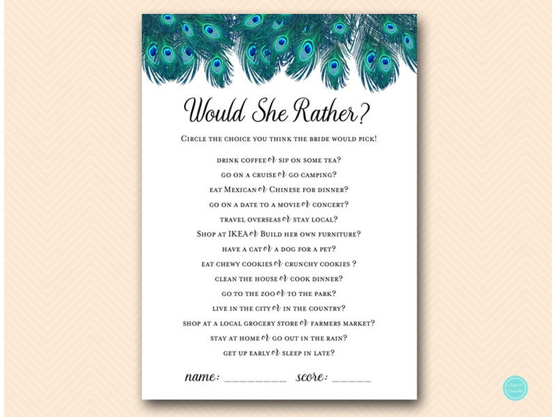 Peacock Bridal Shower Games Package Deal, Download, porn or polish, would they rather, love quote match, movie quote, over or under, BS555 image 3