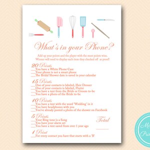 What&#39;s in your phone, Cellphone game, Baking Theme, Kitchen Theme, Bridal Shower Game, Unique Bridal Shower Games, Wedding Shower Games BS20