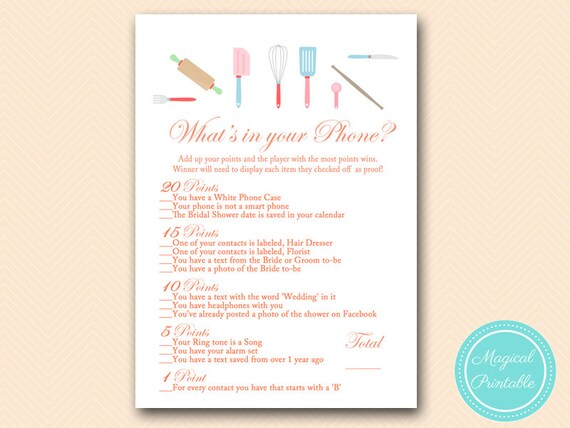 What's in your phone, Cellphone game, Baking Theme, Kitchen Theme, Bridal Shower Game, Unique Bridal Shower Games, Wedding Shower Games BS20 Il_570xn