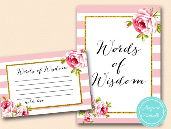 pink words of wisdom, baby shower words of wisdom baby shower, words of wisdom bridal shower, floral, pink & gold rose, download TLC50 BS11 Il_570xn