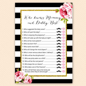 Black Stripes Baby Shower Games, Who knows Mommy and Daddy Best, Who Knows mommy best game, Coed Baby shower Game,  Baby Shower Games, TLC04
