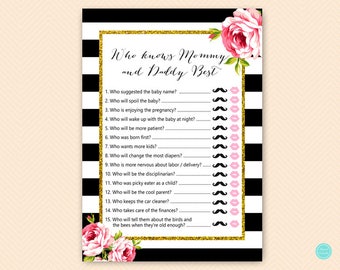 Black Stripes Baby Shower Games, Who knows Mommy and Daddy Best, Who Knows mommy best game, Coed Baby shower Game,  Baby Shower Games, TLC04