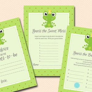 Prins Kikker Baby Shower Games Pakket, Instant Download, Advies voor ouders kaart, zoete puinhoop, afdrukbare games, Baby Shower Activiteiten TLC657