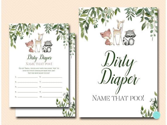 Baby Shower Games, Dirty Diaper Game, Dirty Diaper, Guess the Sweet Mess, Baby Shower Candy Bar, greenery woodland, woodland animals, TLC653 Il_570xn