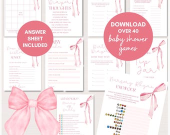 Pink Bow Baby Shower Games Bundle, Bow Baby Shower, Pink Bow Themed Baby Shower, Parisian Baby Shower Games Template, Coquette Bow, TLC783
