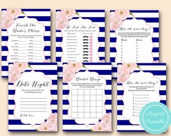 May include: A set of printable bridal shower games with a blue and white striped background and pink floral accents. The games include "Finish the Bride's Phrase", "He Said She Said", "How Old Were They?", "Bridal Bingo", and "Date Night".