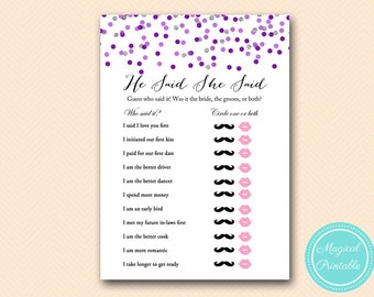 He Said She Said Bridal Shower Game, Who Said it Game, Purple and Silver Bridal Shower Game Printable, Bachelorette, Wedding Shower BS426
