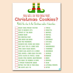 以下が含まれることがあります： 緑色のエルフのイラストが描かれた、印刷可能なクリスマスクッキーゲーム。ゲームは「クリスマスのクッキーをどれくらい知っていますか？」と尋ね、クリスマスのクッキーのヒントとクリスマスのクッキーの名前のリストが含まれています。