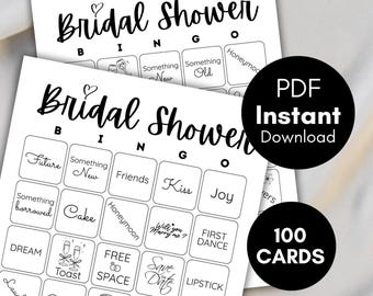 100 voorgevulde bruidsbingokaarten, afdrukbare bruidsbingo, vrijgezellenfeestbingo, huwelijksdouchebingo, afdrukbare bingo, instant download bs701