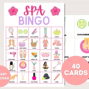 Tarjetas de bingo de spa, bingo de spa imprimible, 40 tarjetas de bingo de spa, juego de fiesta de cumpleaños de spa, juego de fiesta de spa para niñas, fiesta de mimos, fiesta de manicura, bs701