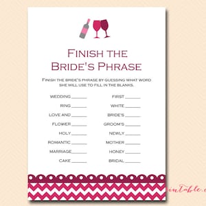 Finish the phrase, finish bride's phrase game, Burgundy Wine Theme Bridal Shower Game Pack, Winery Wedding Shower Game BS110 BS146 BS102