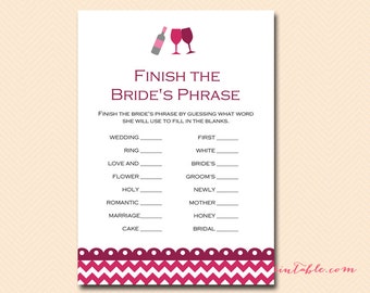 Finish the phrase, finish bride's phrase game, Burgundy Wine Theme Bridal Shower Game Pack, Winery Wedding Shower Game BS110 BS146 BS102
