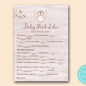 Owl Baby Advice Mad libs, Baby Wishes card, Owl Baby Shower Game, Woodland Baby Game Printable, TLC401 image 1