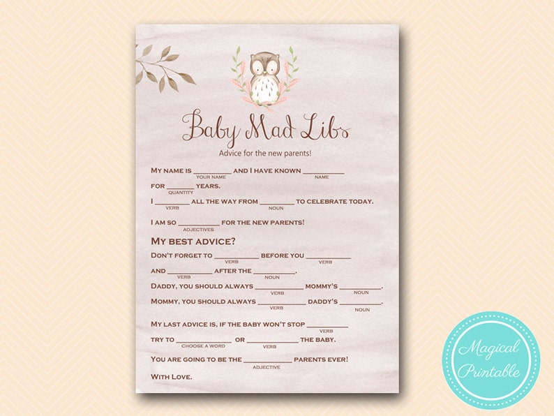 Owl Baby Advice Mad libs, Baby Wishes card, Owl Baby Shower Game, Woodland Baby Game Printable, TLC401 image 1