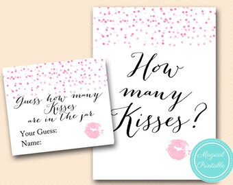 Soft Pink How many Kisses Sign, Guess how many Kisses there are in a jar, Pink Confetti Bridal Shower, Bachelorette, Wedding Shower BS147