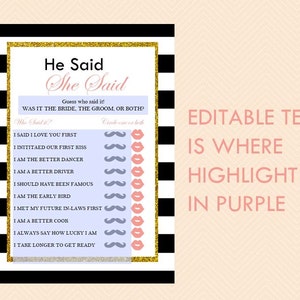 He said she said, he said she said Bridal Shower Game, he said she said printable, Black Stripes, pink blush, chic, gold glitter BS61 image 2