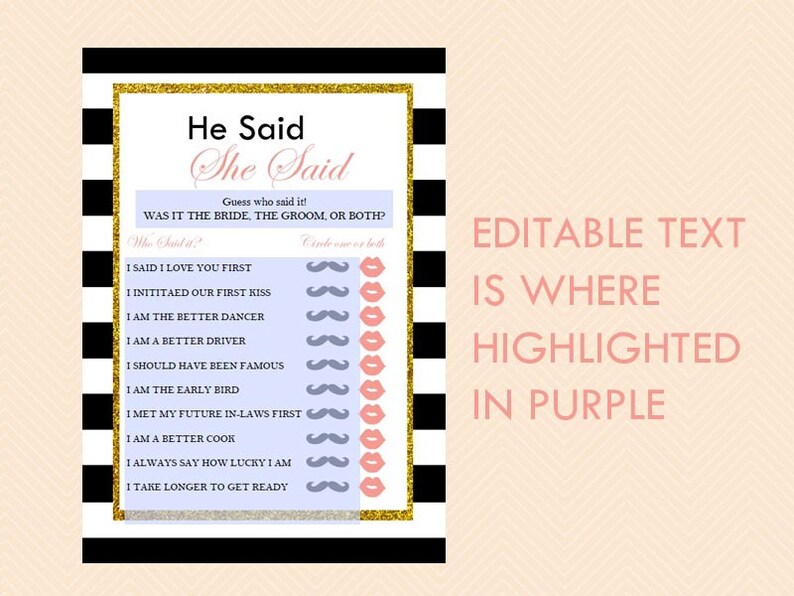 He said she said, he said she said Bridal Shower Game, he said she said printable, Black Stripes, pink blush, chic, gold glitter BS61 image 2