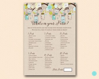 what's in your purse, purse game, what's in your purse bridal, Rustic, Mason Jars Bridal Shower Game, Wedding Shower BS48 TLC48
