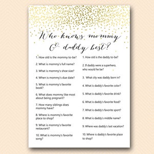Gold Baby Shower Games, Who knows Mommy and Daddy Best, Who Knows mommy best game, Coed Baby shower Game,  Baby Shower Games, TLC472 db