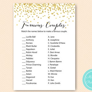 Gold Confetti Famous Couple Game, Famous couple quiz, Match the famous couple, Bridal Shower Game, Bridal Shower Games Download BS46