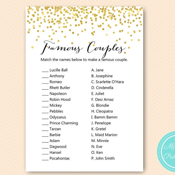 Gold Confetti Famous Couple Game, Famous couple quiz, Match the famous couple, Bridal Shower Game, Bridal Shower Games Download BS46