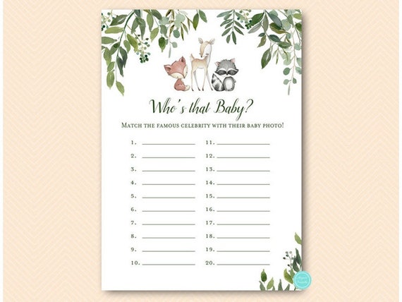 Who is that baby, Guess who baby shower game, Guess baby photo game, Baby Shower Game, greenery woodland, woodland animals, TLC653 Il_570xn