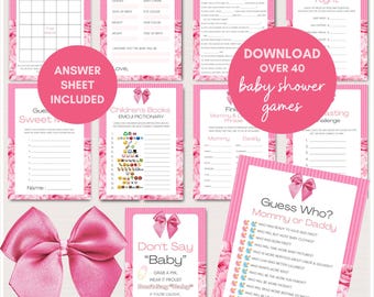 Pink Bow Baby Shower Games Bundle, Coquette bow Baby Shower, Coquette Themed Baby Shower, Bow Baby Shower Games Template, TLC788