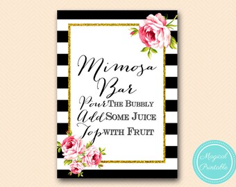 Mimosa Bar Sign, Bubbly Bar Sign, Mimosa Sign, Instruction Sign, signage, Black and White Stripes, Floral, Chic, SN03 BS10 SN26 bs10b